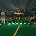Modern Underground Parking Garage with Green Floor Yellow Columns Parking Lines Arrows Parked Cars Signage