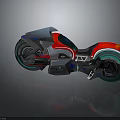 Futuristic Blue and Red Motorcycle with Sleek Design and Transparent Glowing Wheels