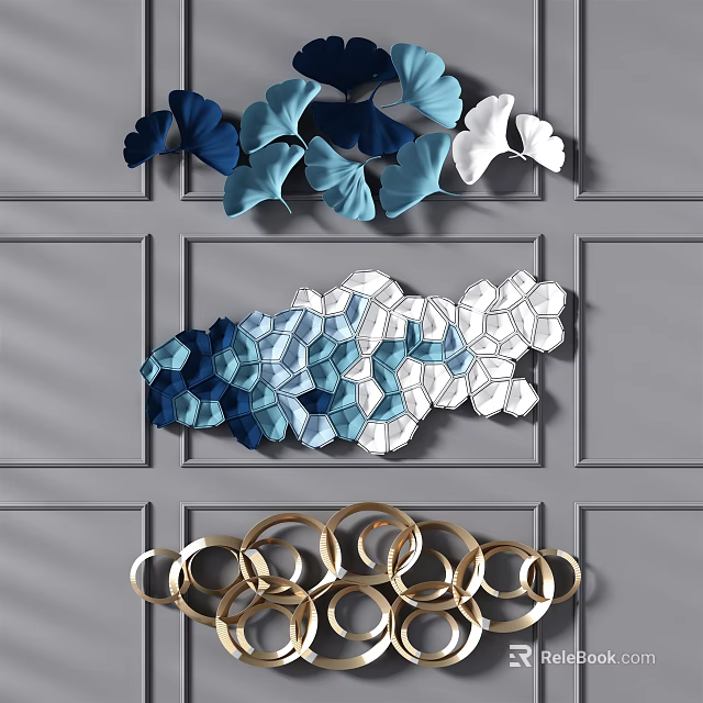 Modern Wall Decor with Blue White Ginkgo Leaves Geometric Patterns and Gold Rings 3d model 