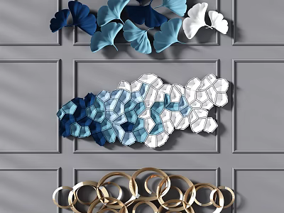 Modern Wall Decor with Blue White Ginkgo Leaves Geometric Patterns and Gold Rings 3d model