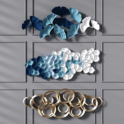 Modern Wall Decor with Blue White Ginkgo Leaves Geometric Patterns and Gold Rings 3d model