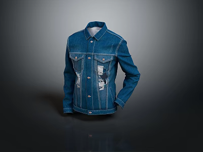 Blue Denim Jacket With Distressed Holes Stand Collar And Front Pockets 3d model