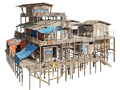 Wooden Stilted Residential Buildings With Connected Structures Balconies And Blue Tarps Over Water 3d model