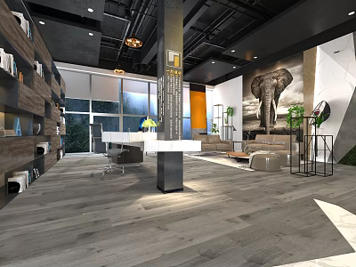 Modern Industrial Office Interior With Open Layout Wooden Flooring Sofa Green Plants And Elephant Mural 3d model