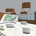 Modern Exhibition Hall Interior Design With Curved Walls Display Screens White Seats And Marble Flooring