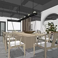 Modern Office Open Layout With Bookshelves Tables Chairs Pendant Lights Green Plants And Minimalist Design