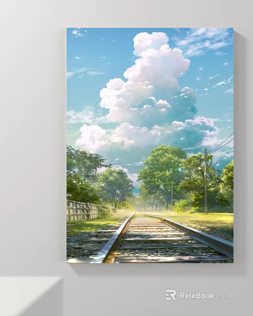 Scenic Landscape Painting With Railway Track Lush Trees And Cloudy Sky 3d model 