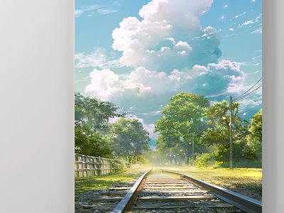 Scenic Landscape Painting With Railway Track Lush Trees And Cloudy Sky 3d model