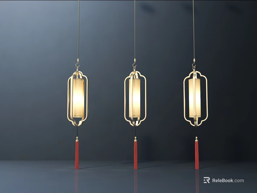 Chinese Style Pendant Lights with Golden Frame Transparent Lampshade and Red Tassels against Dark Background 3d model 