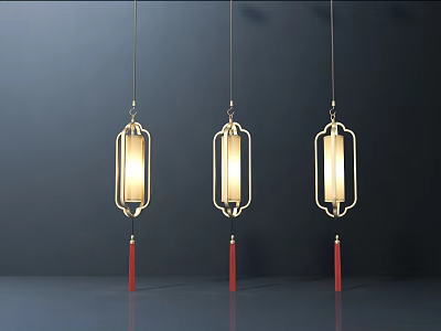 Chinese Style Pendant Lights with Golden Frame Transparent Lampshade and Red Tassels against Dark Background 3d model