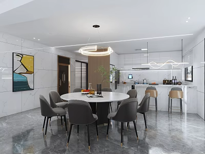 Modern Restaurant Interior With Open Design Dining Table Chairs And Pendant Lights 3d model