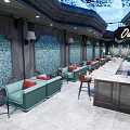 Modern Bar Interior Design With Neon Signs Round Moon Decoration Green Plants And Red Sofas