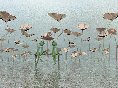 Garden Ornament With Green Frogs Seated Among Metal Lotus Leaves On Water Surface 3d model