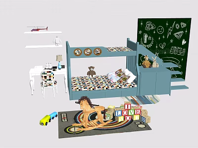 Children's Bunk Bed With Stairs Chalkboard Wall Storage And Playful Toys 3d model