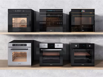Kitchen Appliances Featuring Various Black And Gray Ovens Displayed On Shelves 3d model