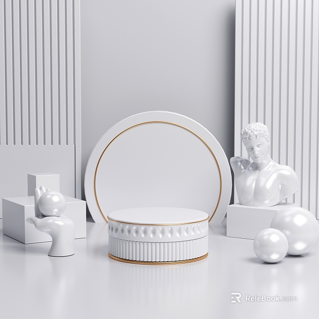 Modern Display Shelves With White Design Gold Trim Showcasing Sculptures Spheres And Geometric Decor 3d model 