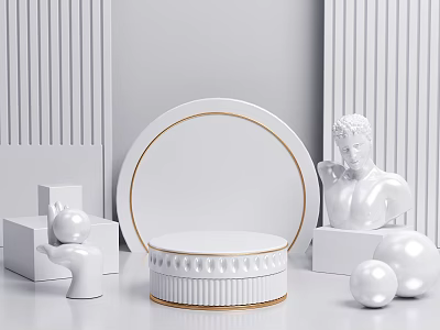 Modern Display Shelves With White Design Gold Trim Showcasing Sculptures Spheres And Geometric Decor 3d model
