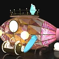 Ornate Pink And Gold Diamond Shaped Airship With Blue Figure Pink Steps And White Spheres