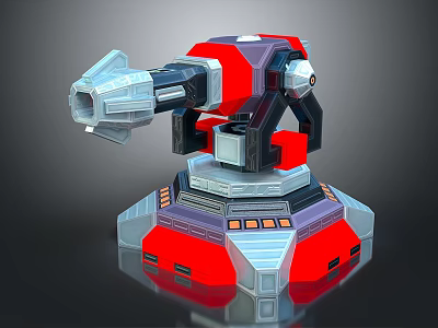 Mechanical Turret Weapon 3D Model With Red Purple Gray Color And Base Structure 3d model