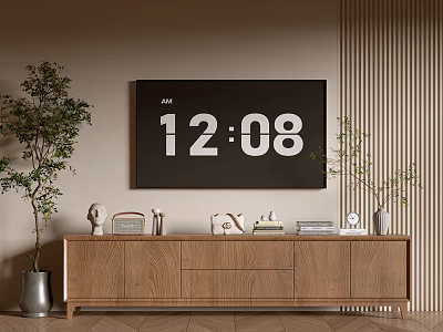 Modern Wooden TV Stand with Decorative Items Books Radio and Potted Plant in Living Room 3d model