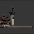 Cartoon Scenery With Multi Tower Building Red Roof Helipad Satellite Dish And Vehicles