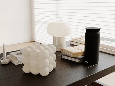 White Spherical Inflatable Model Decor For Modern Tabletop With Lamp Books And Thermos 3d model