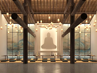 Buddhist Meditation Space With Wooden Roof Hanging Lanterns Buddha Silhouette And Mountain Painting Windows 3d model
