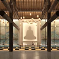 Buddhist Meditation Space With Wooden Roof Hanging Lanterns Buddha Silhouette And Mountain Painting Windows