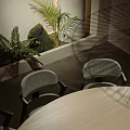 Modern Living Room Interior with Curved Wall Lighting Beige Sofa Cushions Wooden Table Chairs Rug