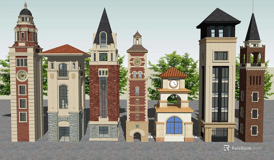 Diverse Architectural Towers Featuring Spires Clock Designs And Mixed Materials 3d model 