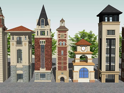 Diverse Architectural Towers Featuring Spires Clock Designs And Mixed Materials 3d model