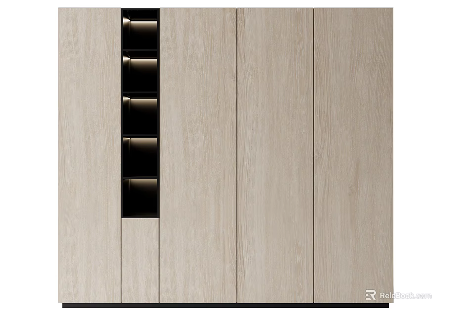 Modern Light Wooden Wardrobe With Sleek Panel Doors And Black Accent Details 3d model 