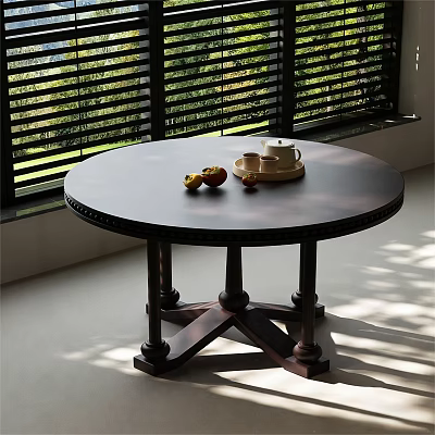 Round Wooden Dining Table By Window With Blinds Fruits Tray Cups And Teapot 3d model