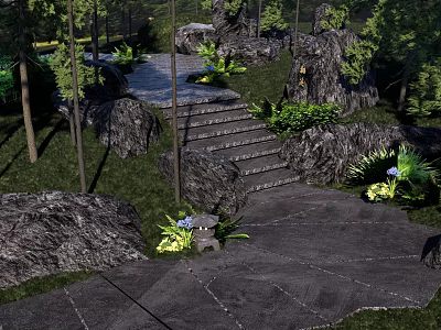Natural Garden Landscape With Stone Path Steps Rocks And Lush Green Plants 3d model
