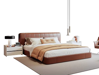 Italian Light Luxury Double Bedside Table Leather Bed Fabric Bed 3d model