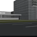 Modern School Buildings With Red Brick And Glass Curtain Walls Open Plaza And Green Lawn