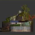 Miniature Idyllic Scenic Landscape with Wooden House Solar Panels Lush Greenery Rocks Terraced Garden and Pond