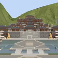 Traditional Ancient Architecture Complex with Mountain Surroundings and Terraced Water Pools in Classical Design
