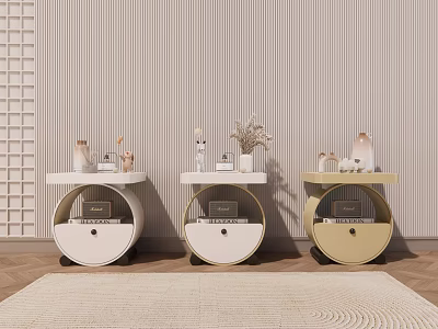 Modern Round Bedside Tables With Storage Drawer Decorative Vases And Dried Flowers 3d model