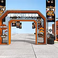 Harley 120th Anniversary Event Entrance With Orange Black Design And Motorcycles
