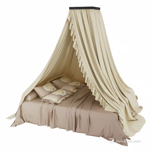Elegant Double Bed With Beige Canopy And Soft Pillows On Cozy Bedding 3d model 