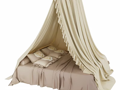 Elegant Double Bed With Beige Canopy And Soft Pillows On Cozy Bedding 3d model