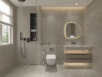 Modern Bathroom Interior With Marble Walls Round Mirror Vanity And Wall Mounted Toilet 3d model