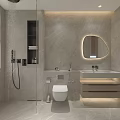 Modern Bathroom Interior With Marble Walls Round Mirror Vanity And Wall Mounted Toilet