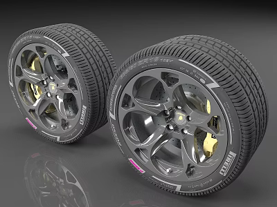 Two Modern Automotive Tires with Alloy Wheels and Detailed Tread Design 3d model