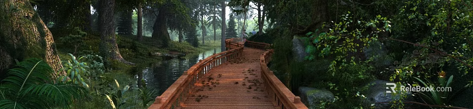 Park Landscape Featuring Wooden Bridge Over River With Surrounding Trees And Fallen Leaves 3d model 