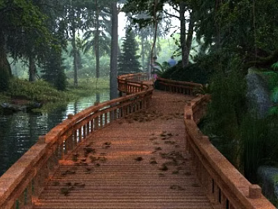 Park Landscape Featuring Wooden Bridge Over River With Surrounding Trees And Fallen Leaves 3d model