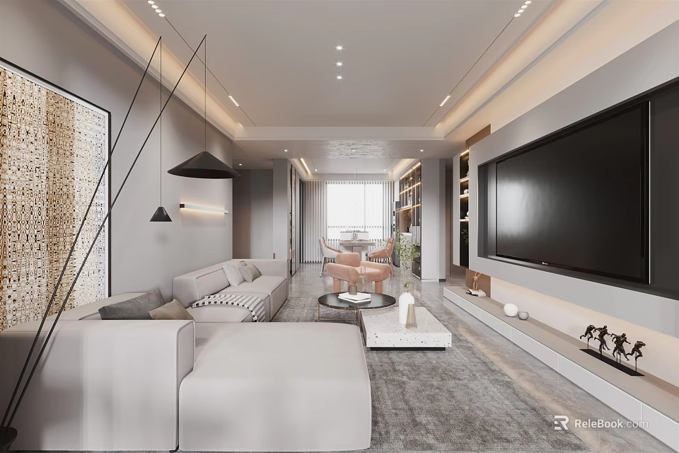 Modern Living and Dining Room Interior With Sectional Sofa TV Wall And Area Rug 3d model 