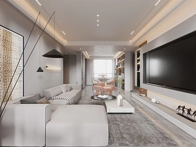 Modern Living and Dining Room Interior With Sectional Sofa TV Wall And Area Rug 3d model