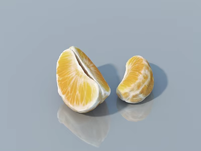 Two Fresh Orange Segments One Whole And Peeled On Gray Background With Reflection 3d model